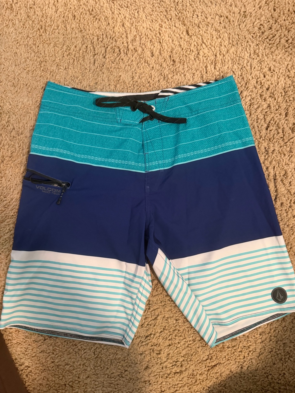 Volcom Black, White & Teal Striped Mod-Tech Boardshorts